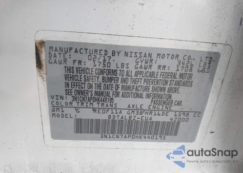 2017 Nissan Versa 1.6 Sv z USA, uszkodzony, nr VIN 3N1CN7AP0HK440195